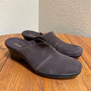 Clark’s brown wedge heeled mules